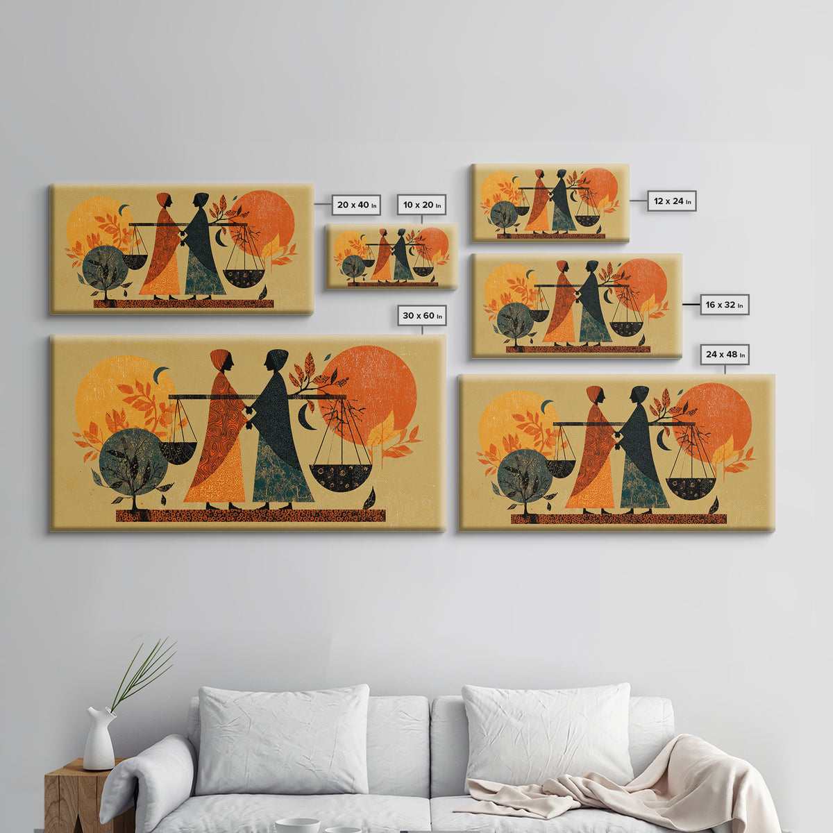 African Women Carrying Scales At Sunset Wall Art, Canvas Print, Afrocentric Decor, Cultural Justice Artwork Gift For Her