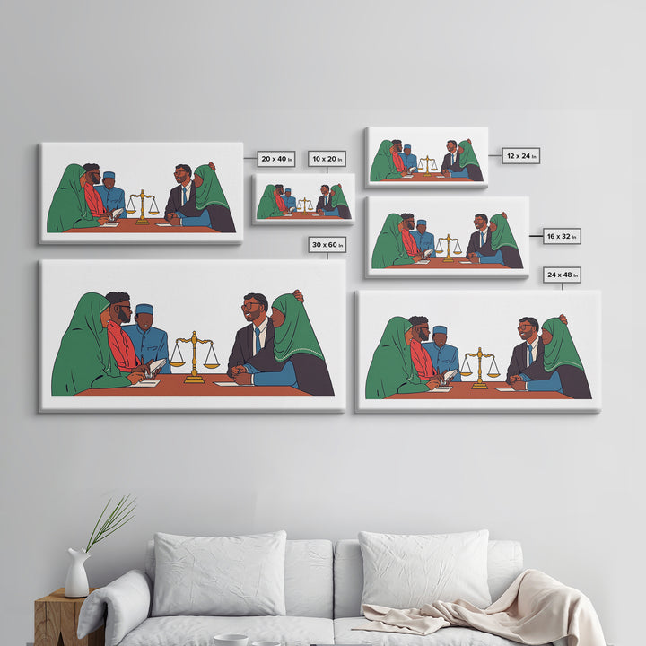Muslim Family Mediation With Golden Scales Wall Art, Canvas Print, Legal Office Decor, Cultural Meeting Room Artwork Gift