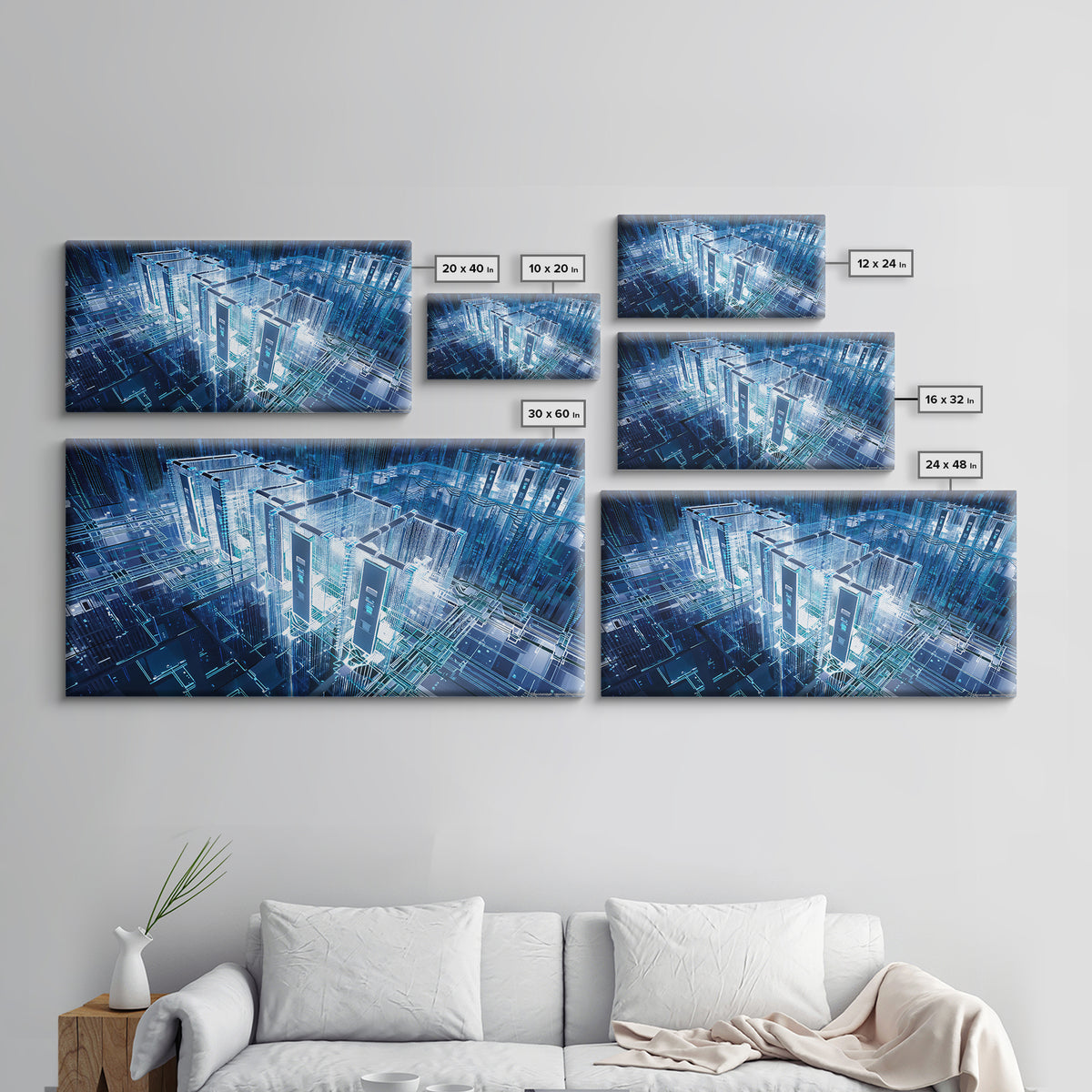 Blue Afrofuturist Data City, Glowing Digital Towers Wall Art, Modern African Abstract, Tech Office Decor, Unique Canvas Gift