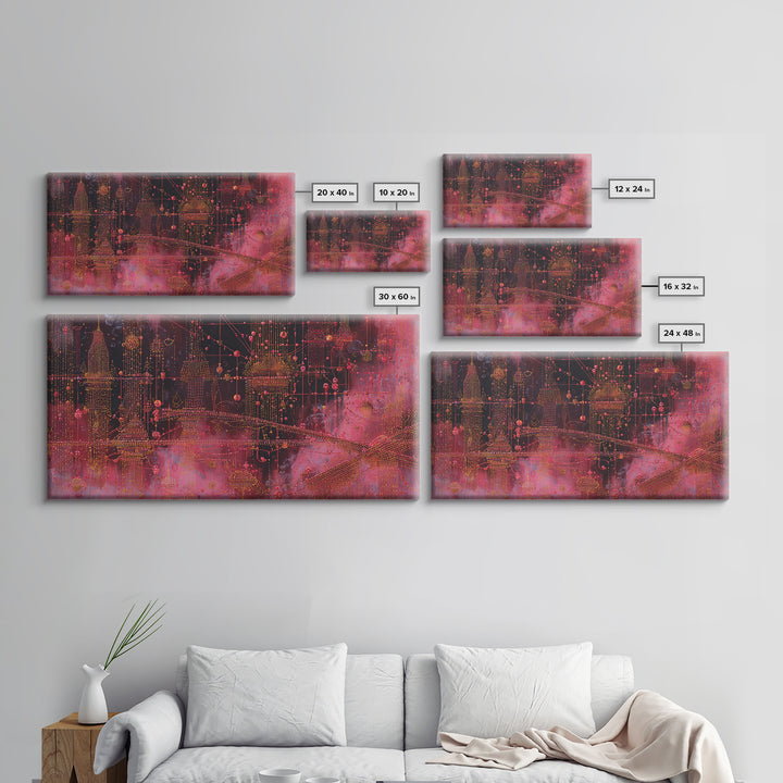 Crimson Circuit Dreamscape With Golden Towers Canvas Print, Modern African Art Abstract, Afrofuturism Decor, Bold Wall Decor