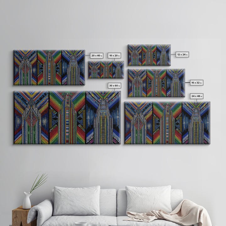 Geometric Beadwork Triptych Towers Wall Art, Abstract African Art, Ankara Pattern Decor, Modern Tribal Canvas Print Gift