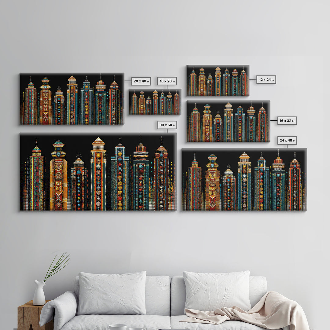 Ornate African Futurist Towers Framed Canvas Print, Tribal Pattern Wall Art, Black Culture Art, Elegant Home Decor, Unique Gift