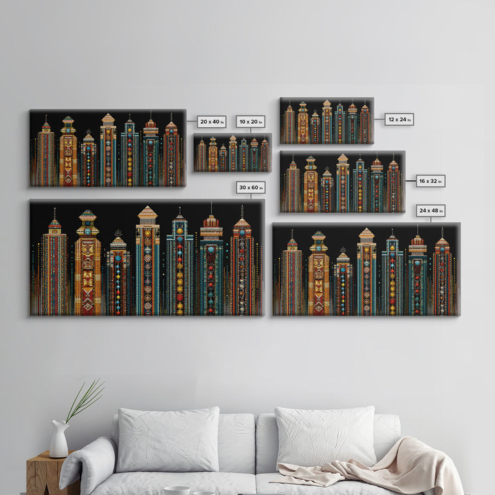 Ornate African Futurist Towers Framed Canvas Print, Tribal Pattern Wall Art, Black Culture Art, Elegant Home Decor, Unique Gift