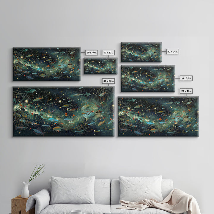 Cosmic Underwater Fish Galaxy Wall Art, Dreamy Ocean Canvas Print, African Inspired Nature Scene Art, Teal Modern Decor Gift