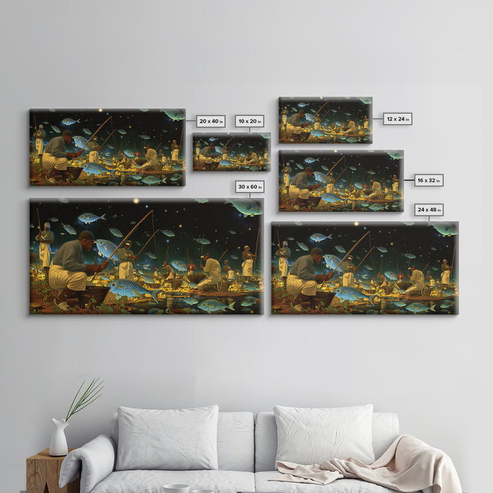 Black Fishermen Under Starry Fish Sky Canvas Print, African Wall Art, Afrocentric Culture Art, Magical Night Decor, Unique Gift
