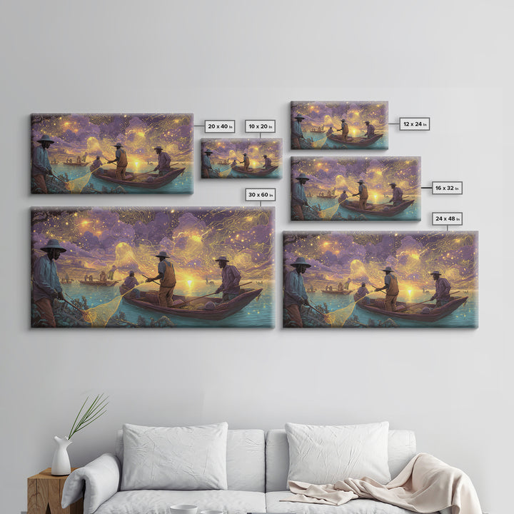 Golden Sunset Fishermen And Glowing Nets Wall Art, African Inspired Landscape, Black Culture Art, Serene Boat Canvas Print