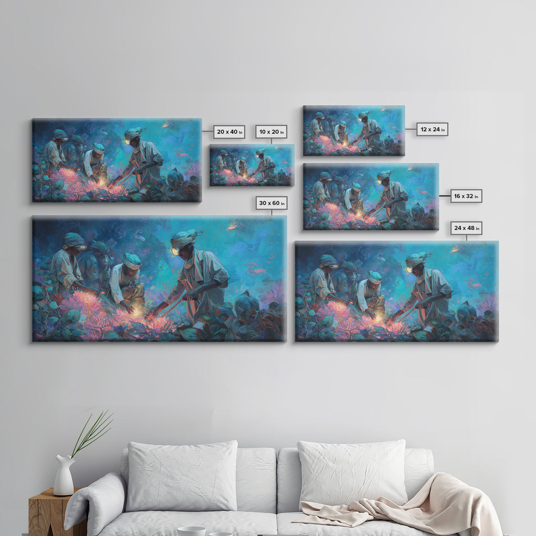 Blue Coral Harvest Divers Framed Canvas Print, African Ocean Wall Art, Contemporary Nature Scene, Unique Home Decor Gift