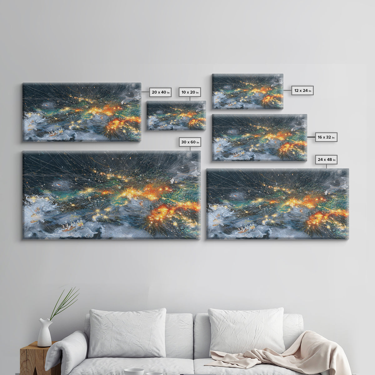 Celestial Ocean Storm With Glowing Boats Wall Art, Abstract African Art Print, Modern Coastal Decor, Night Sea Statement Piece