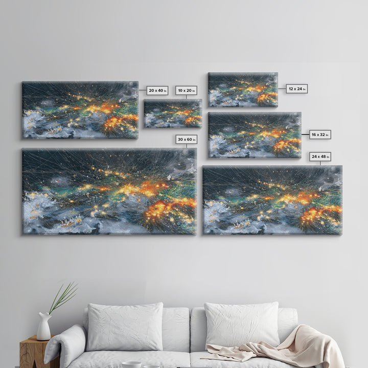 Celestial Ocean Storm With Glowing Boats Wall Art, Abstract African Art Print, Modern Coastal Decor, Night Sea Statement Piece