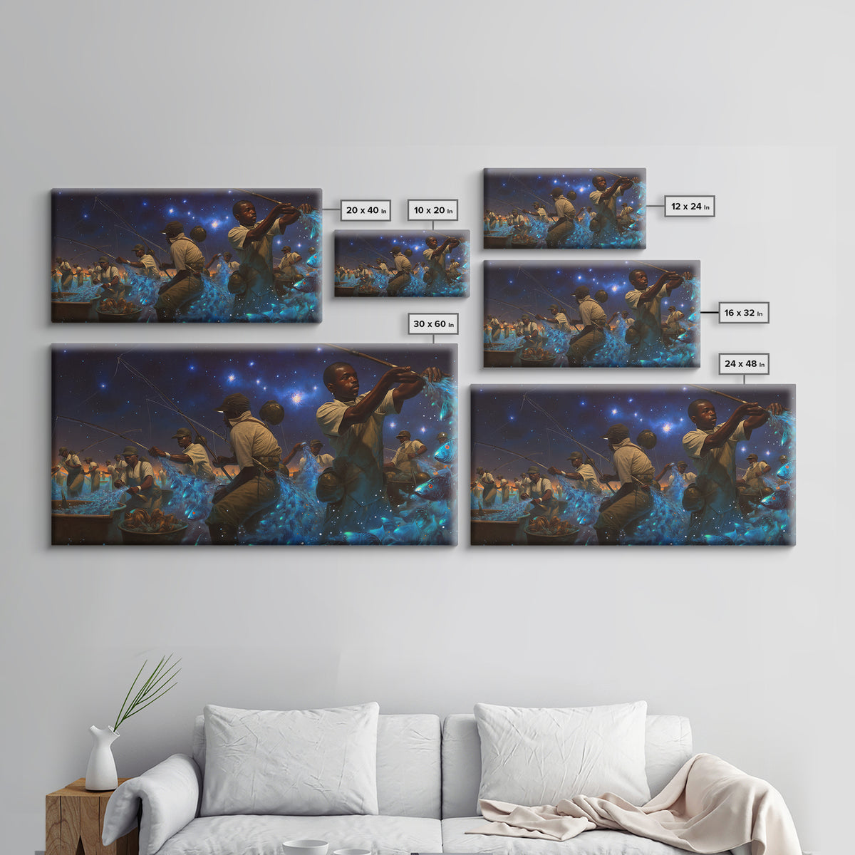Starlit African Night Fishermen With Glowing Blue Fish Canvas Print, Afrocentric Wall Decor, Black Culture Art, Unique Home Decor