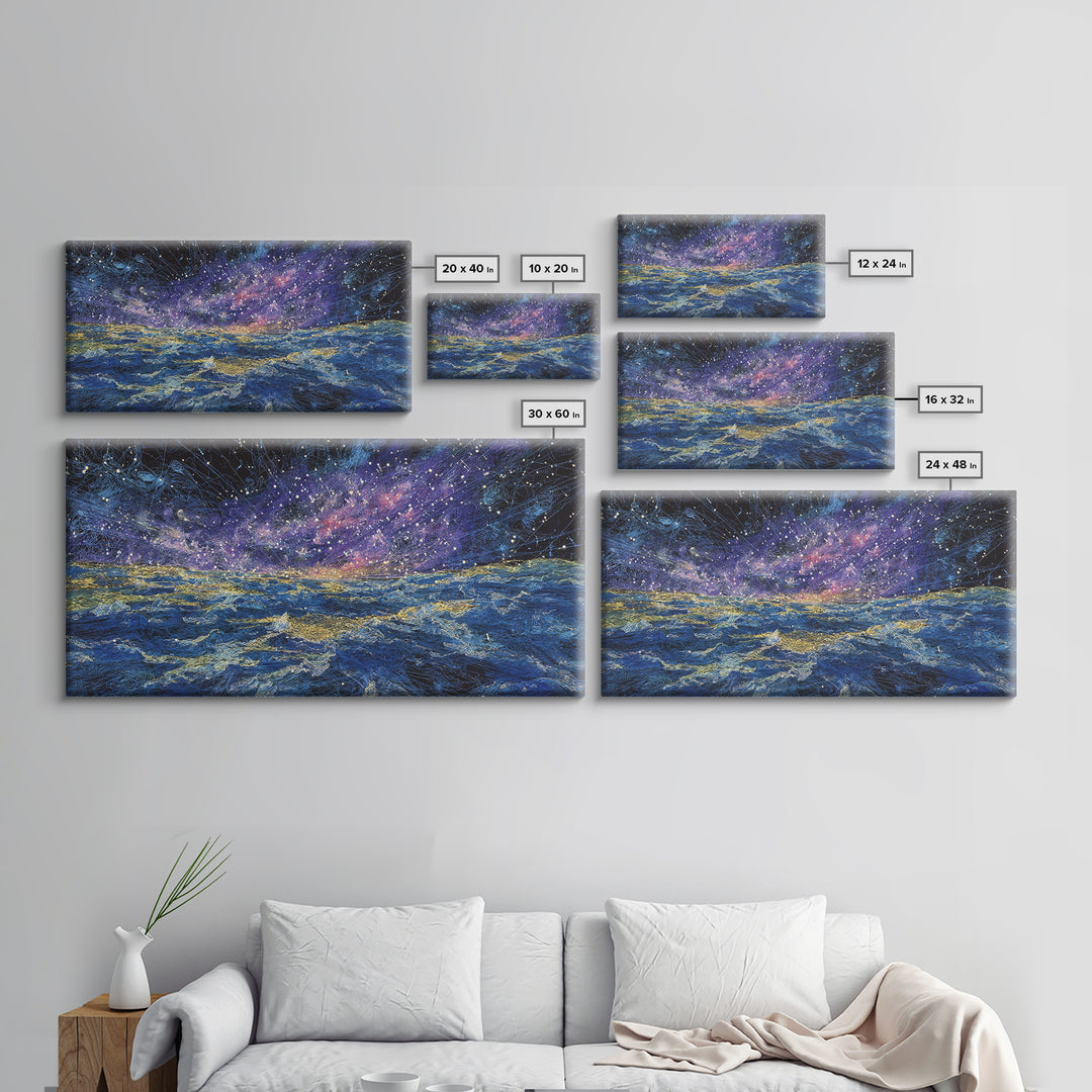 Galaxy Ocean Waves Under Starry Sky Canvas Print, Abstract Wall Art, Blue Gold Seascape, Dreamy Modern Home Decor, Large Decor Art