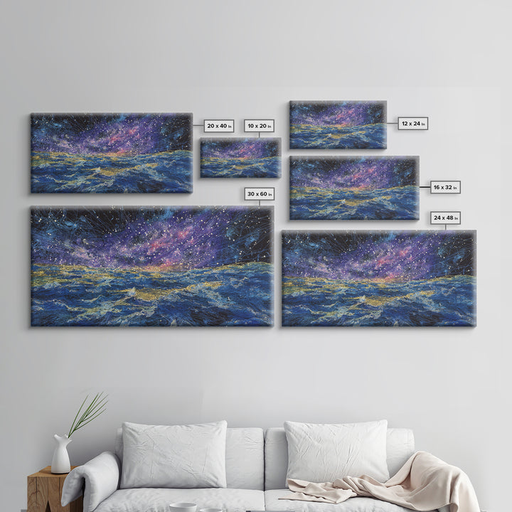 Galaxy Ocean Waves Under Starry Sky Canvas Print, Abstract Wall Art, Blue Gold Seascape, Dreamy Modern Home Decor, Large Decor Art