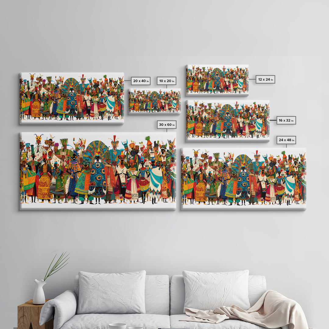 Vibrant African Tribal Festival Crowd With Masks Canvas Print, Afrocentric Wall Art, Colorful African Art, Cultural Decor