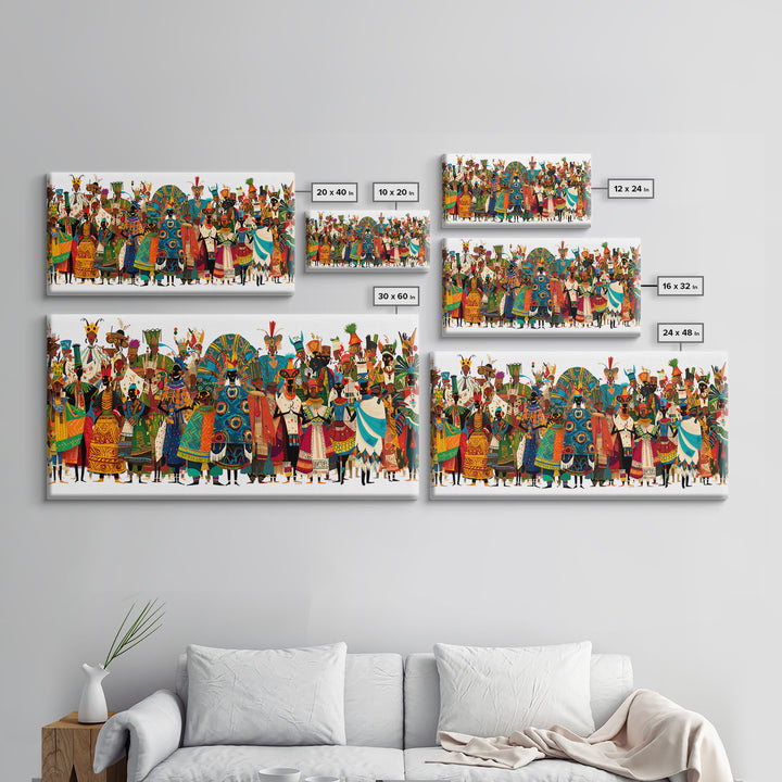 Vibrant African Tribal Festival Crowd With Masks Canvas Print, Afrocentric Wall Art, Colorful African Art, Cultural Decor