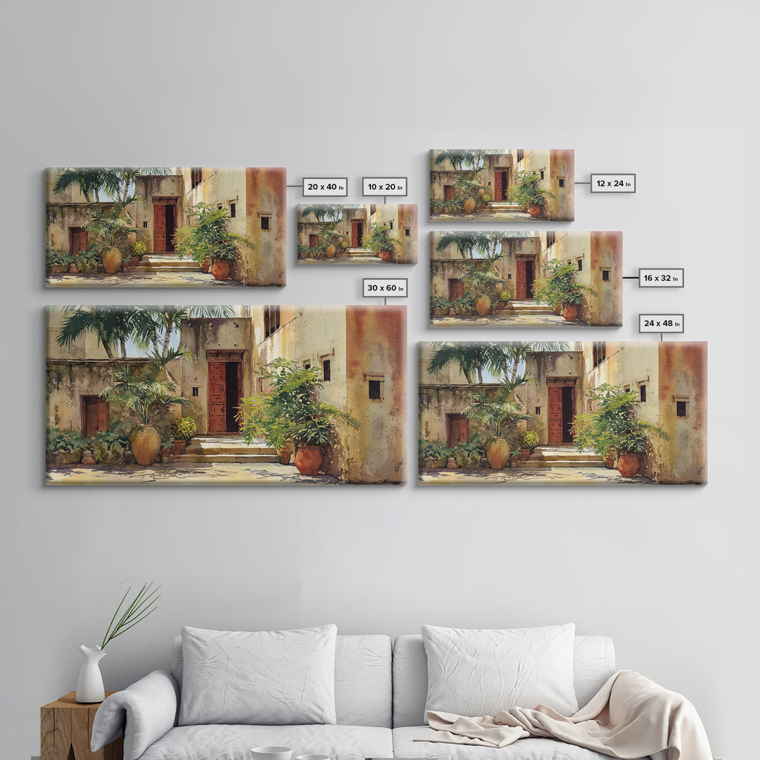 Sunlit African Courtyard With Red Door Wall Art, Tropical Village Painting, African Wall Decor, Boho Home Decor Gift For Her