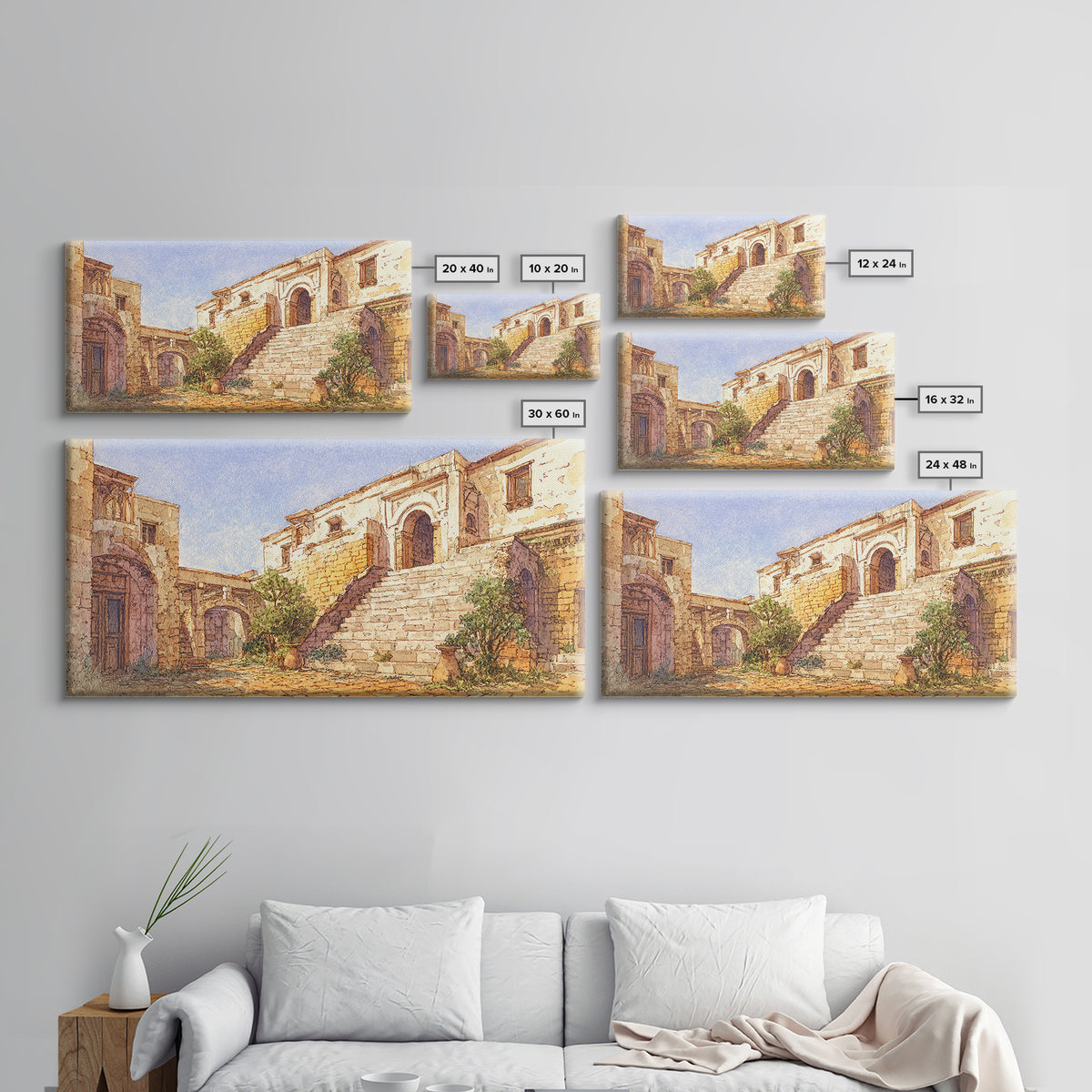 Sunlit Stone Stairway And Arches Framed Canvas Print, African Inspired Architecture Art, Beige Wall Art, Elegant Home Decor