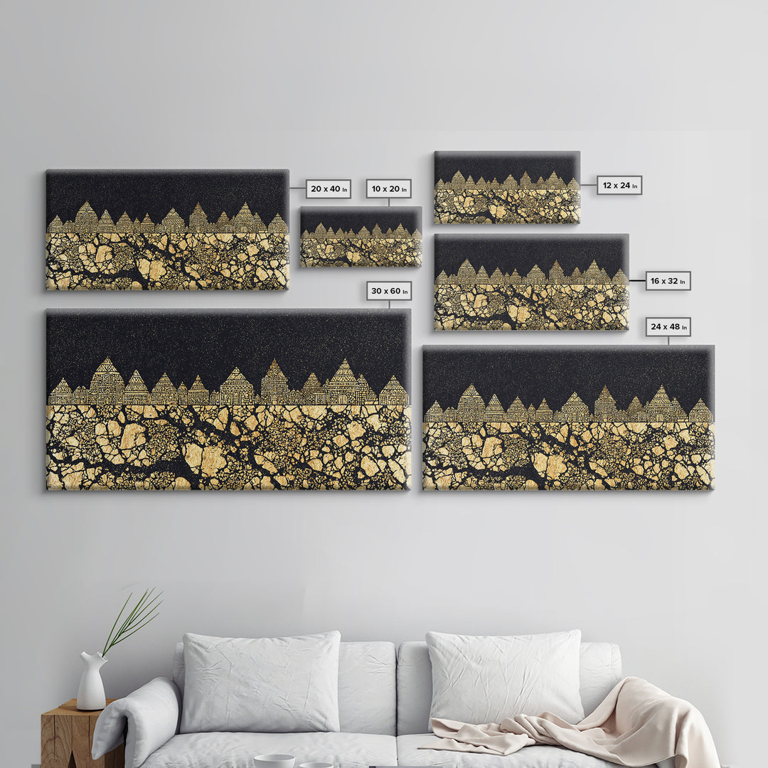 Golden Tribal Village Under Stars Canvas Print, African Tribal Art, Black And Gold Art, Cultural Wall Decor, Statement Piece