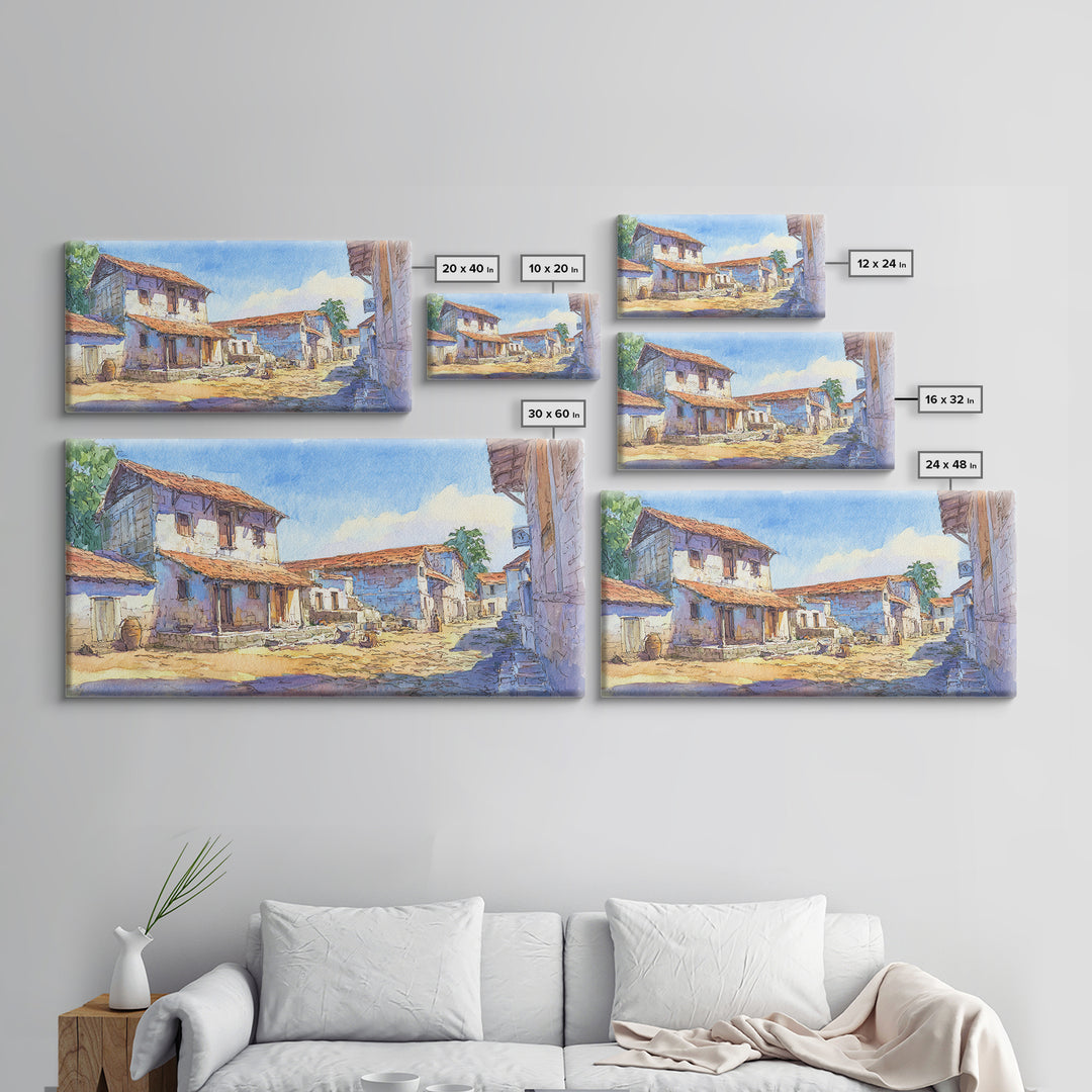 Sunlit African Village Street Wall Art, Rustic Blue Houses Painting, African Landscape, Cultural Home Decor, Large Wall Art