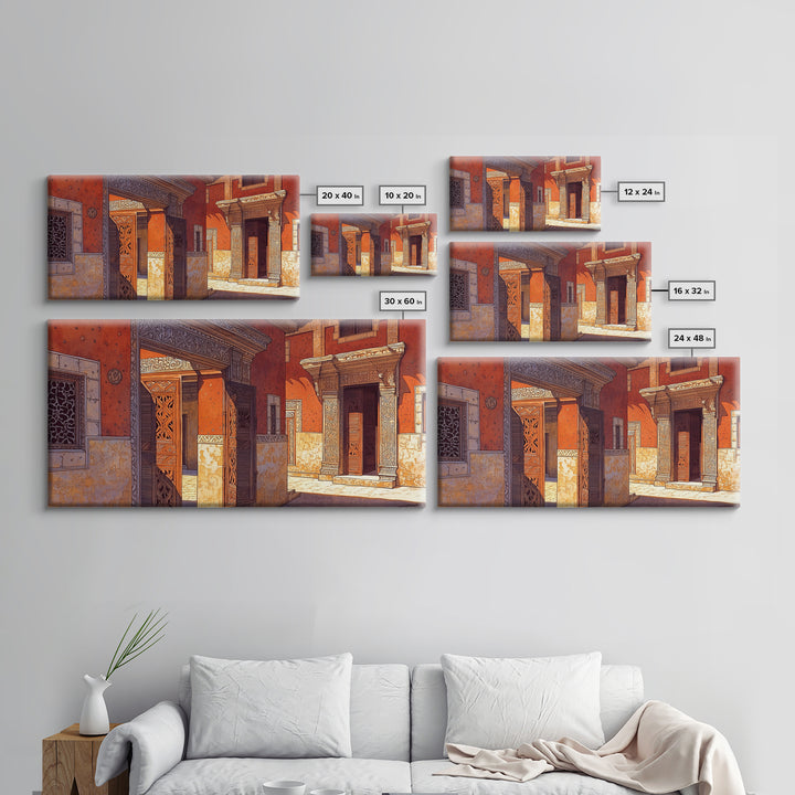 Ornate Orange African Doorway Framed Canvas Print, Swahili Architecture Art, African Wall Decor, Bold Home Decor Gift For Him