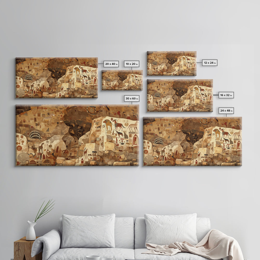 Ancient Sahara Cave Mural With Tribal Animals Wall Art African Safari Art, Earth Tone Cultural Decor For Living Room Statement Piece