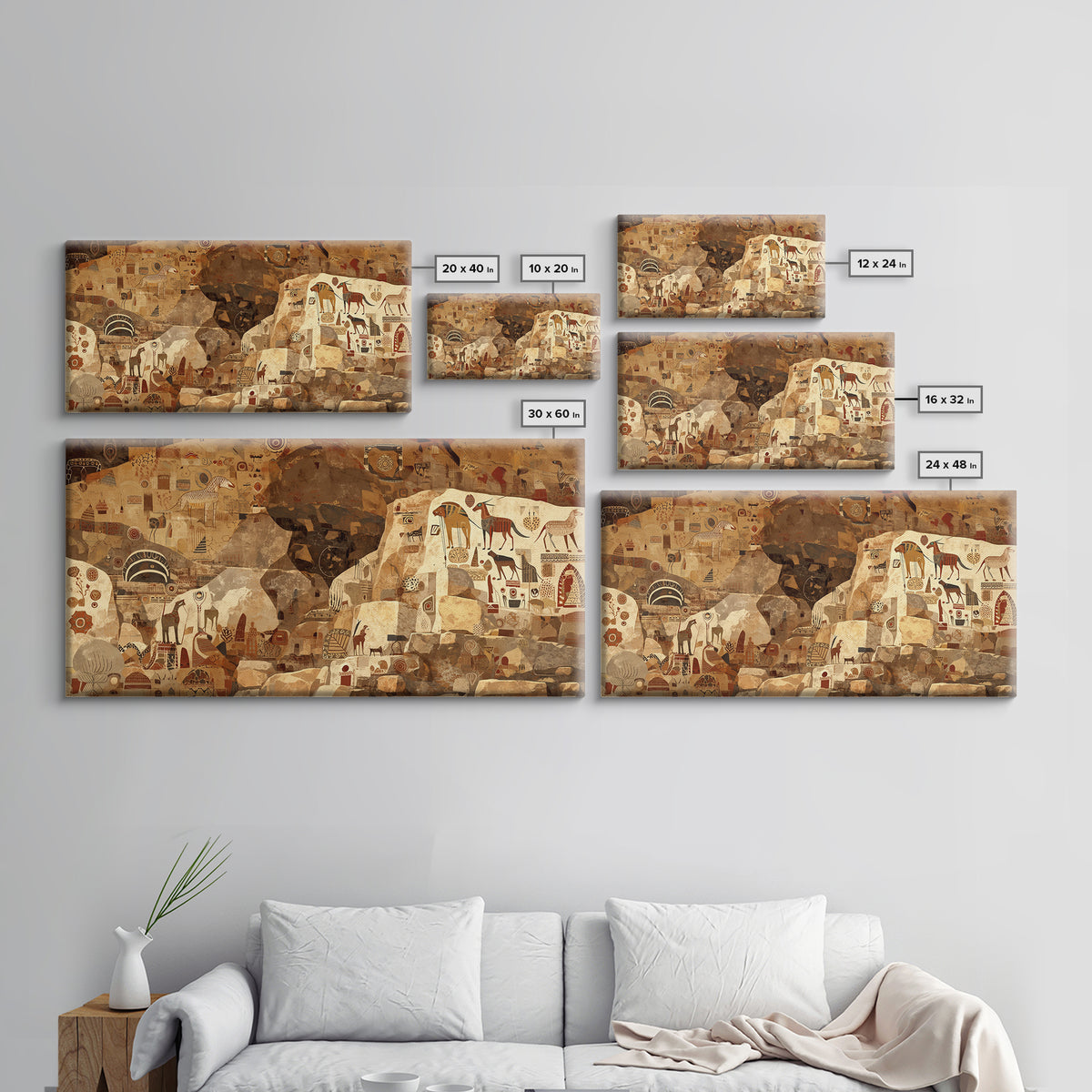 Ancient Sahara Cave Mural With Tribal Animals Wall Art African Safari Art, Earth Tone Cultural Decor For Living Room Statement Piece