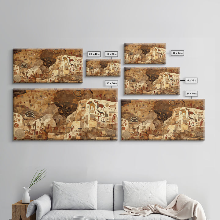 Ancient Sahara Cave Mural With Tribal Animals Wall Art African Safari Art, Earth Tone Cultural Decor For Living Room Statement Piece
