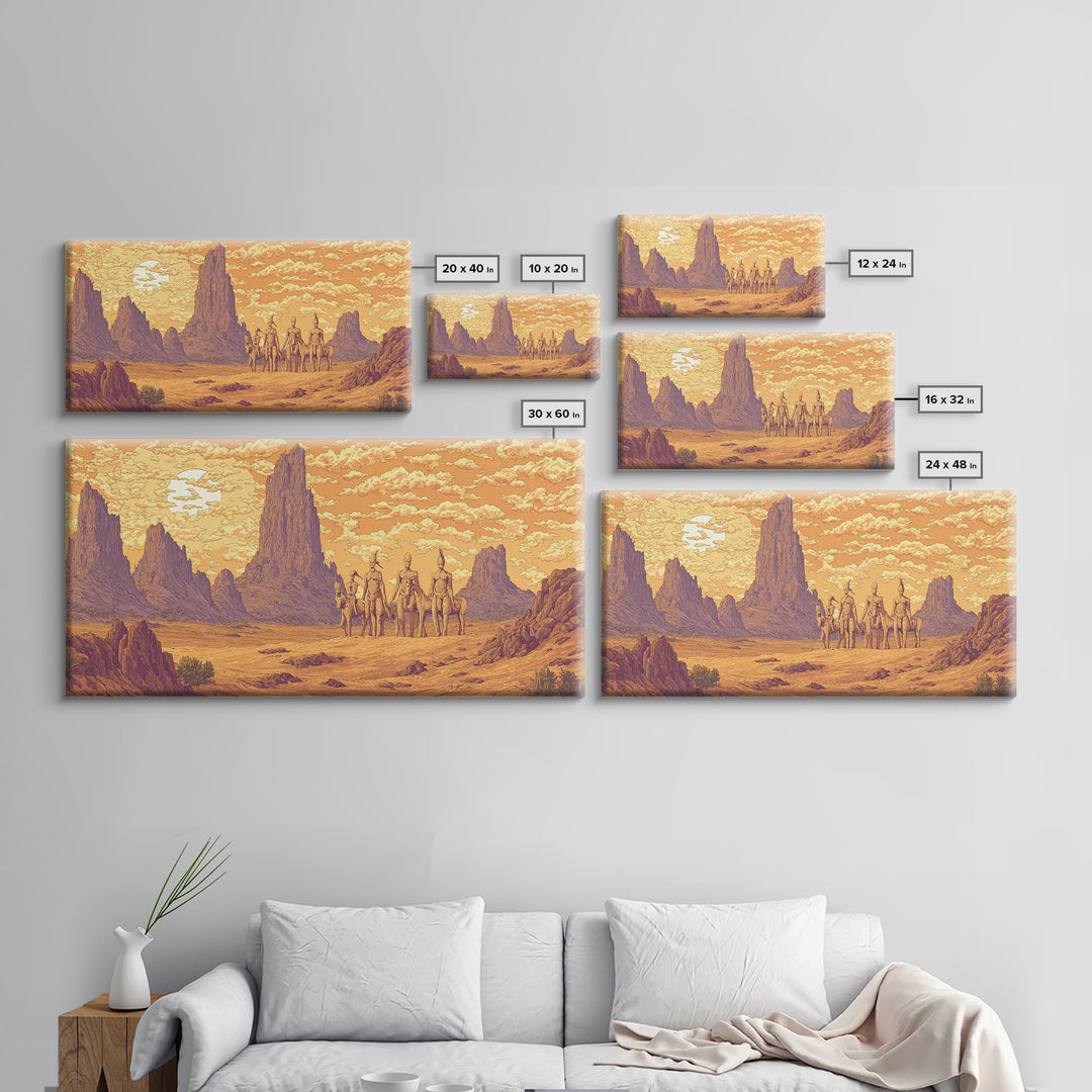 Five Desert Warriors Beneath Orange Sun Canvas Print African Warrior Art, Tribal Landscape Decor, Bold Southwest Wall Art Print