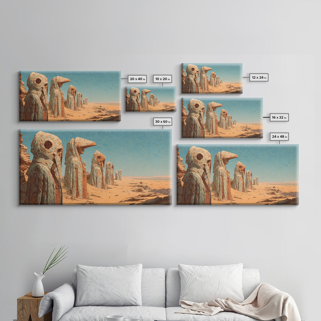 Colossal Desert Mask Monuments Under Blue Sky Wall Art African Mask Art, Ancient Tribal Decor, Mystical Landscape Print Gift