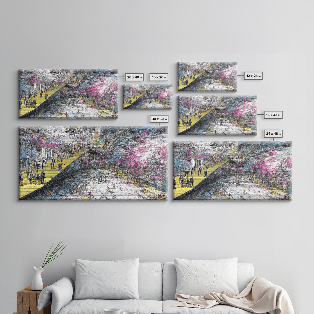 Futuristic City Transit Sketch With Yellow Stairs Wall Art, Urban Modern Art Print, Abstract Gallery Decor, Statement Canvas