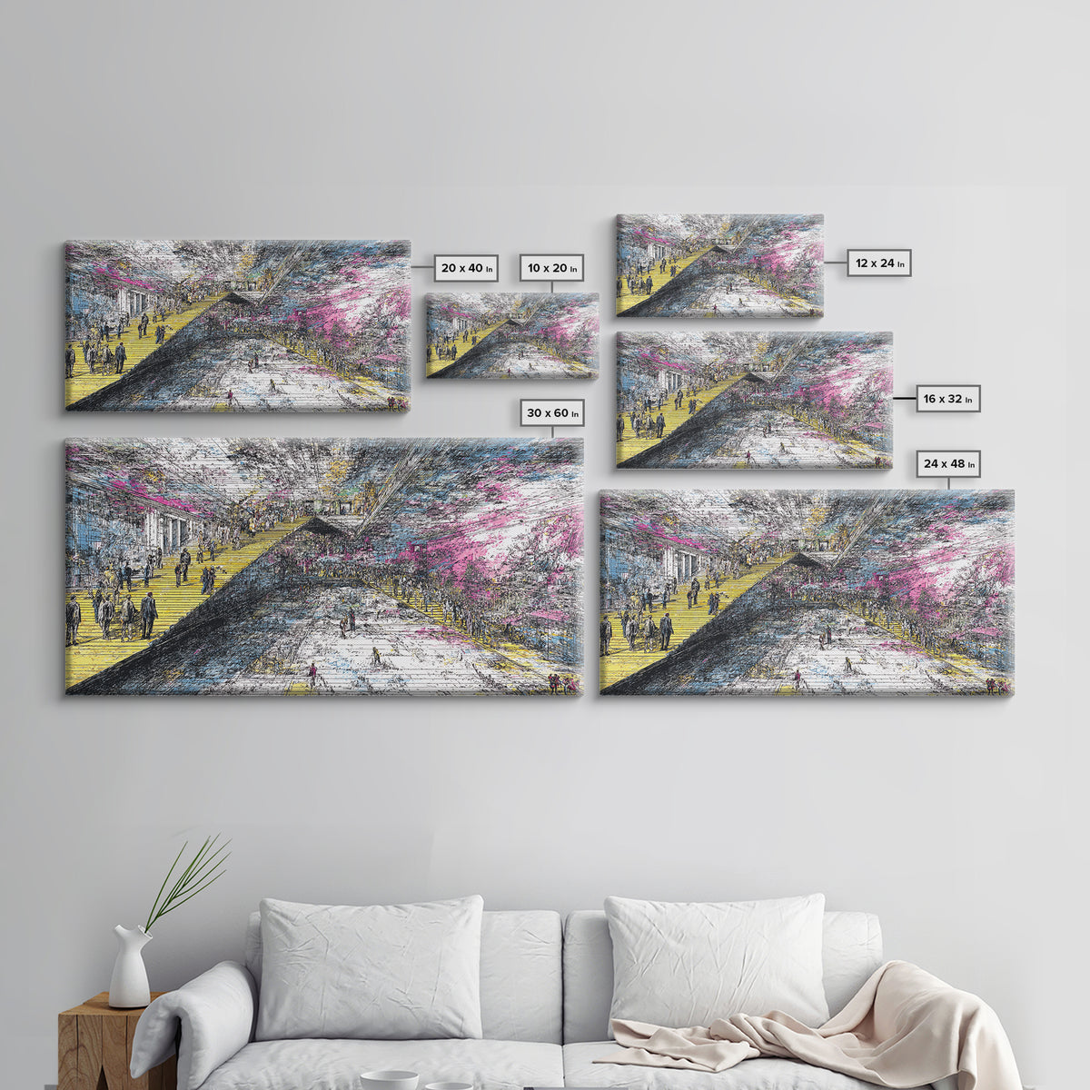 Futuristic City Transit Sketch With Yellow Stairs Wall Art, Urban Modern Art Print, Abstract Gallery Decor, Statement Canvas