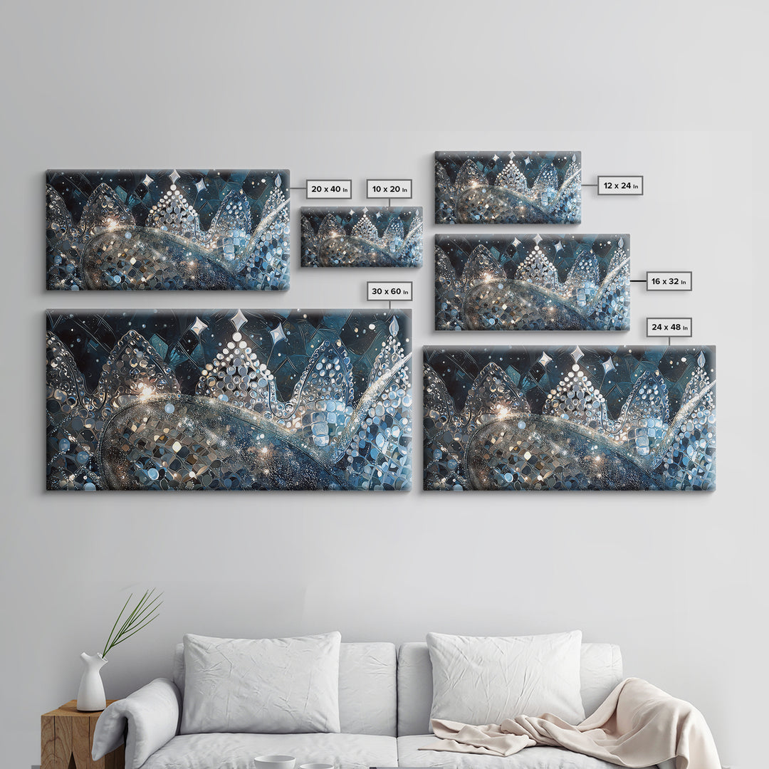 Jeweled Blue Silver Crowns And Stars Canvas Print, Abstract Wall Art, Luxury Black Gold Decor, Dreamy Modern Gallery Gift