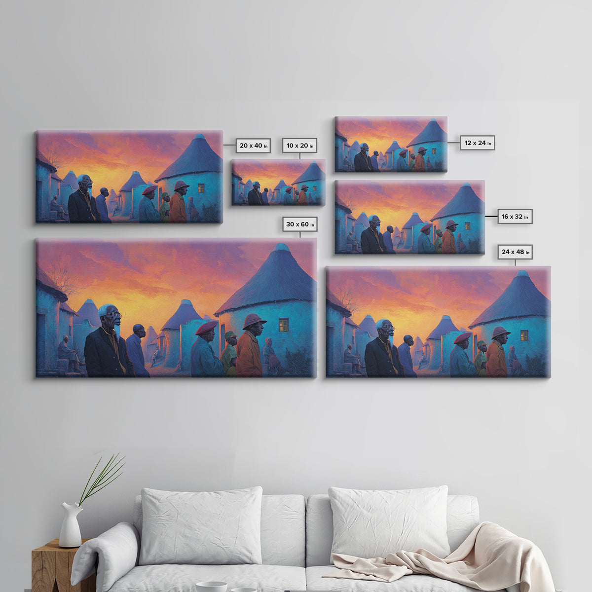 Blue Round Huts At Fiery Sunset Wall Art, African Village Painting, Afrocentric Decor, Cultural Landscape Canvas Print Gift