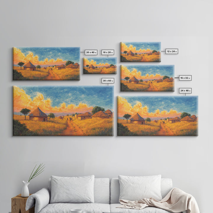 Golden Savanna Huts Under Brilliant Clouds Canvas Print, African Landscape Wall Art, Safari Decor, Motherland Home Art Gift