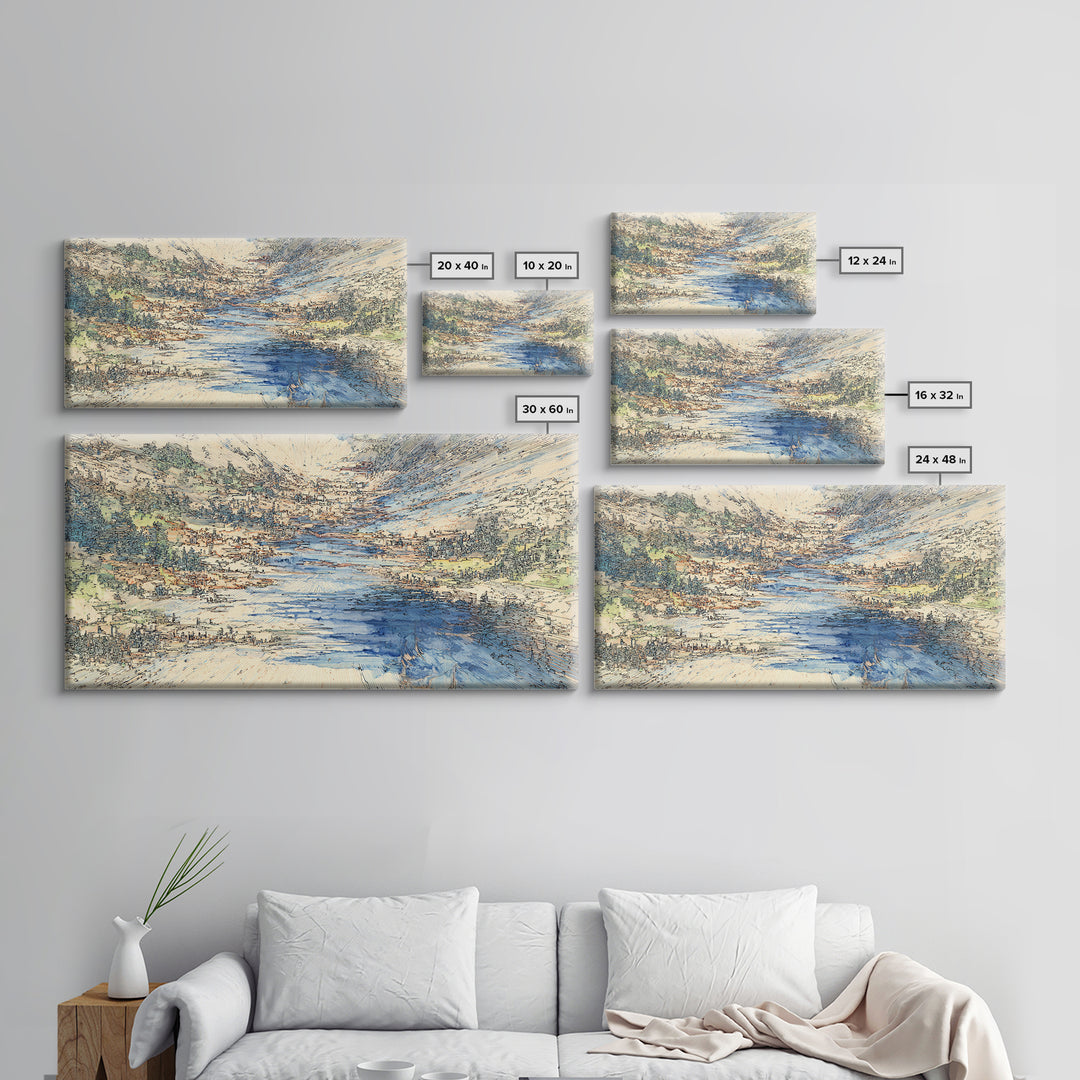 Blue Mountain Valley River And Villages Wall Art, African Landscape Art Print, Serene Nature Decor, Modern Canvas Home Gift