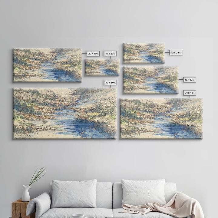 Blue Mountain Valley River And Villages Wall Art, African Landscape Art Print, Serene Nature Decor, Modern Canvas Home Gift