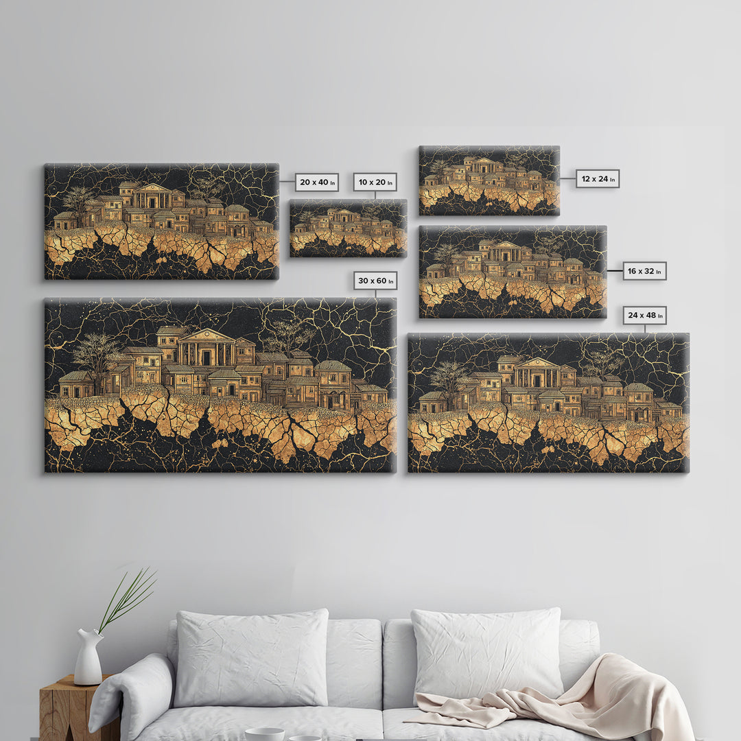 Golden Ancestral Palace On Cracked Stone, Luxury African Wall Art, Black Gold Architecture, Statement Living Room Decor Gift