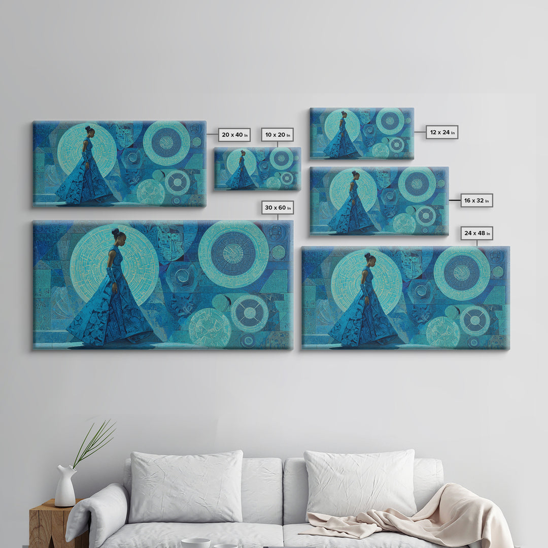Blue Gown African Woman With Geometric Circles Canvas Print, Modern Afrocentric Wall Art, Elegant Feminine Home Decor Gift