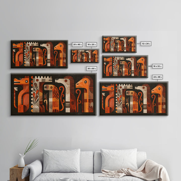Orange Tribal Bird And Animal Figures Canvas Print, African Inspired Wall Art, Boho Geometric Safari Home Decor, Mid Century Gift