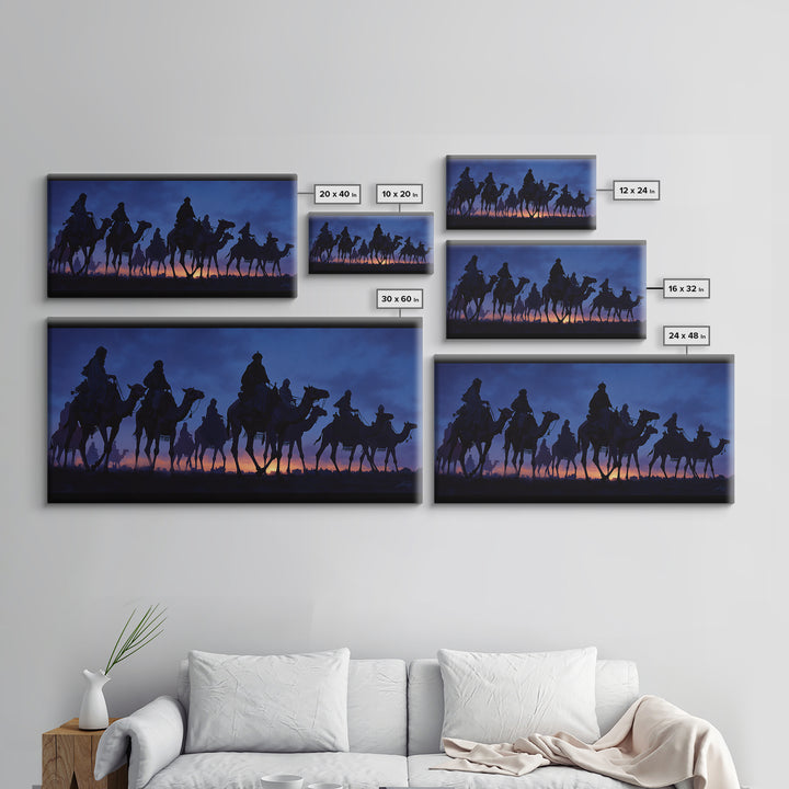 Twilight Camel Caravan Silhouette Framed Canvas Print, African Travel Wall Decor, Blue Desert Nomad Landscape Art Gift For Him
