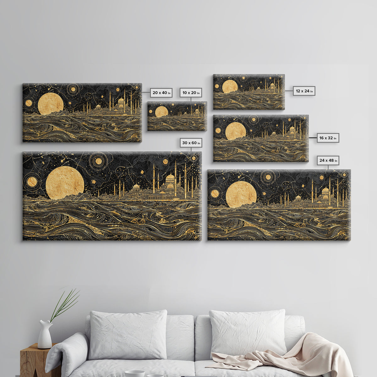 Gold Moon Mosque Skyline Canvas Print, Black And Gold Wall Art, Moroccan Travel Decor, Mystical Night Landscape Gift Idea