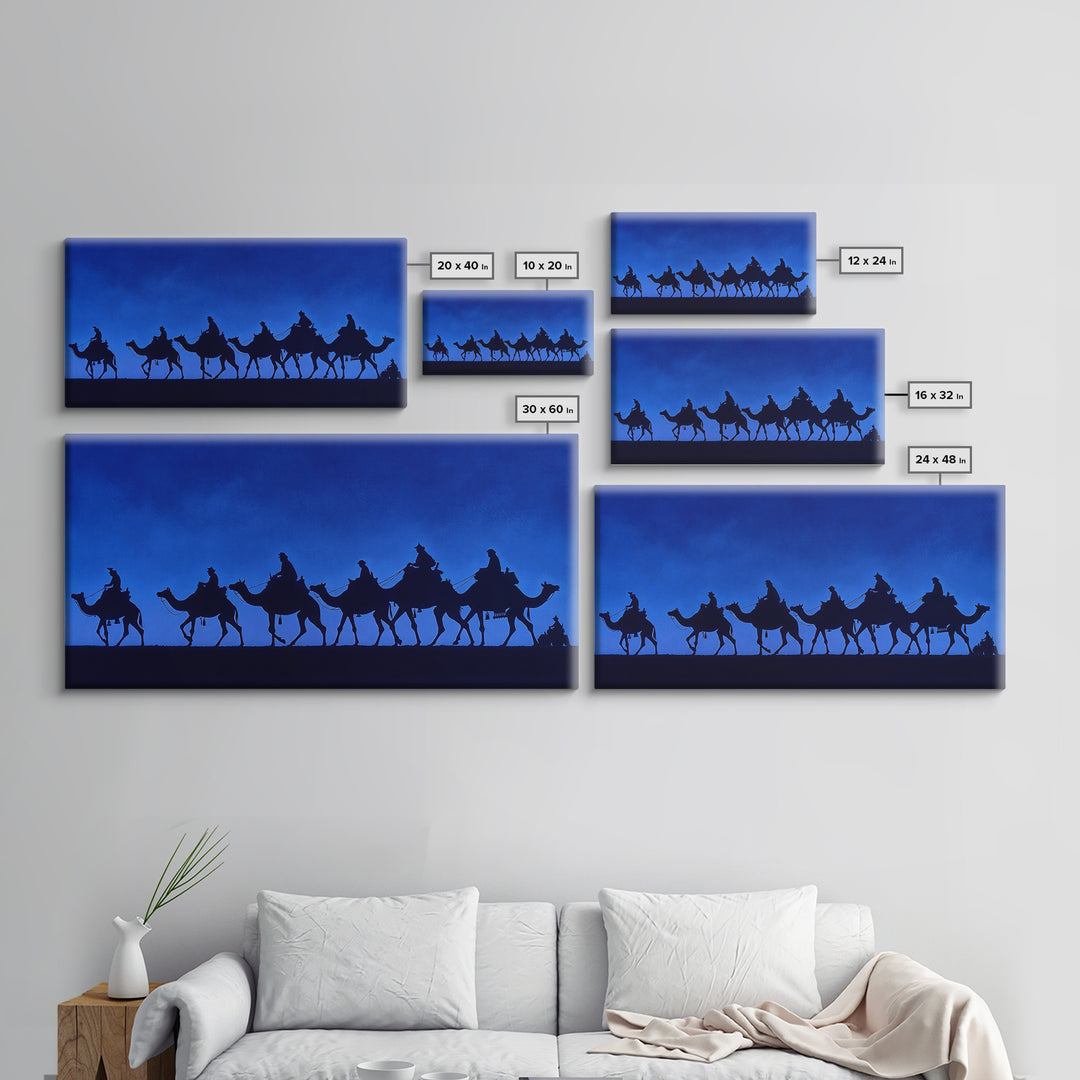 Cobalt Camel Caravan Silhouette Canvas Print, African Wall Art, Minimalist Desert Travel Decor, Blue Nomad Art Gift For Him