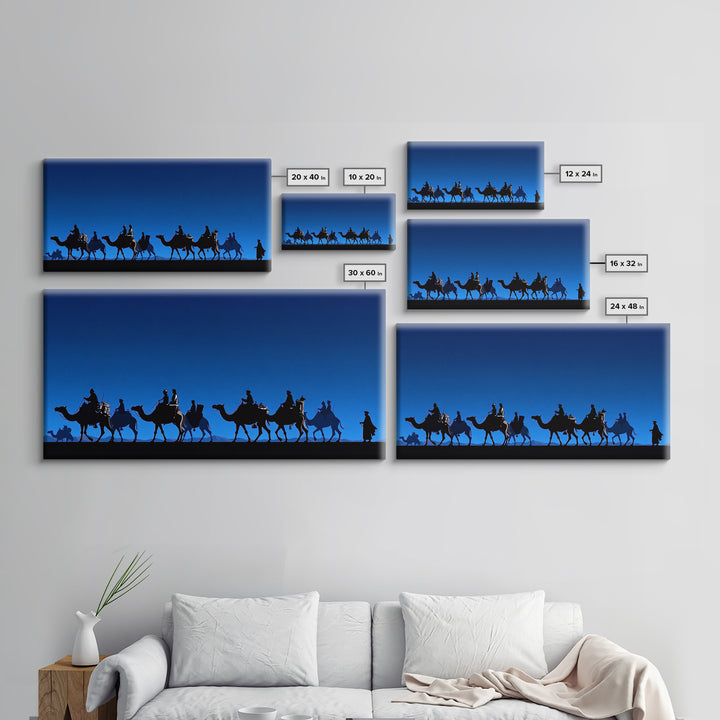 Bright Blue Camel Caravan Journey Silhouette Canvas Print, African Safari Wall Art, Desert Nomad Decor, Travel Gift For Him