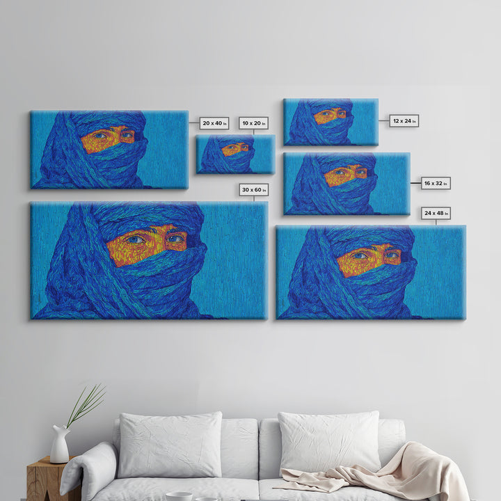 Blue Veiled African Woman Portrait Wall Art, Tuareg Inspired Afrocentric Decor, Bold Black Beauty Canvas For Living Room