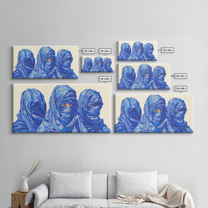 Three Blue Veiled Figures Wall Art, African Tribal Portrait Painting, Textured Tuareg Decor For Afrocentric Living Room Art