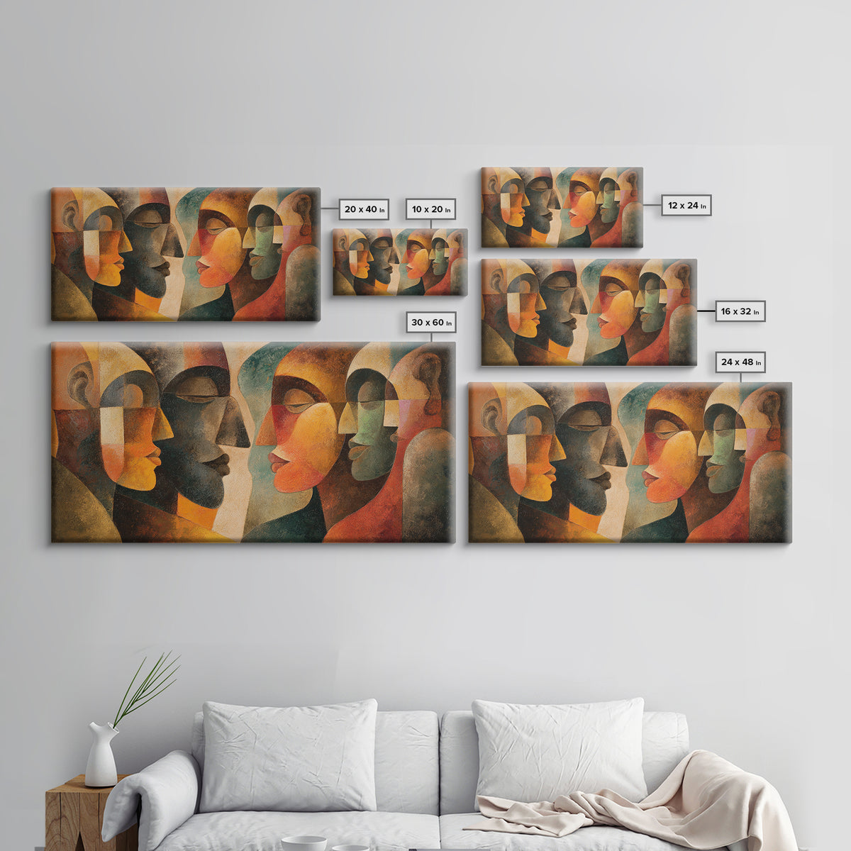 Abstract Cubist African Mask Faces Canvas Print, Earth Tone Tribal Wall Decor, Modern Ethnic Art For Home Gallery Decor Gift