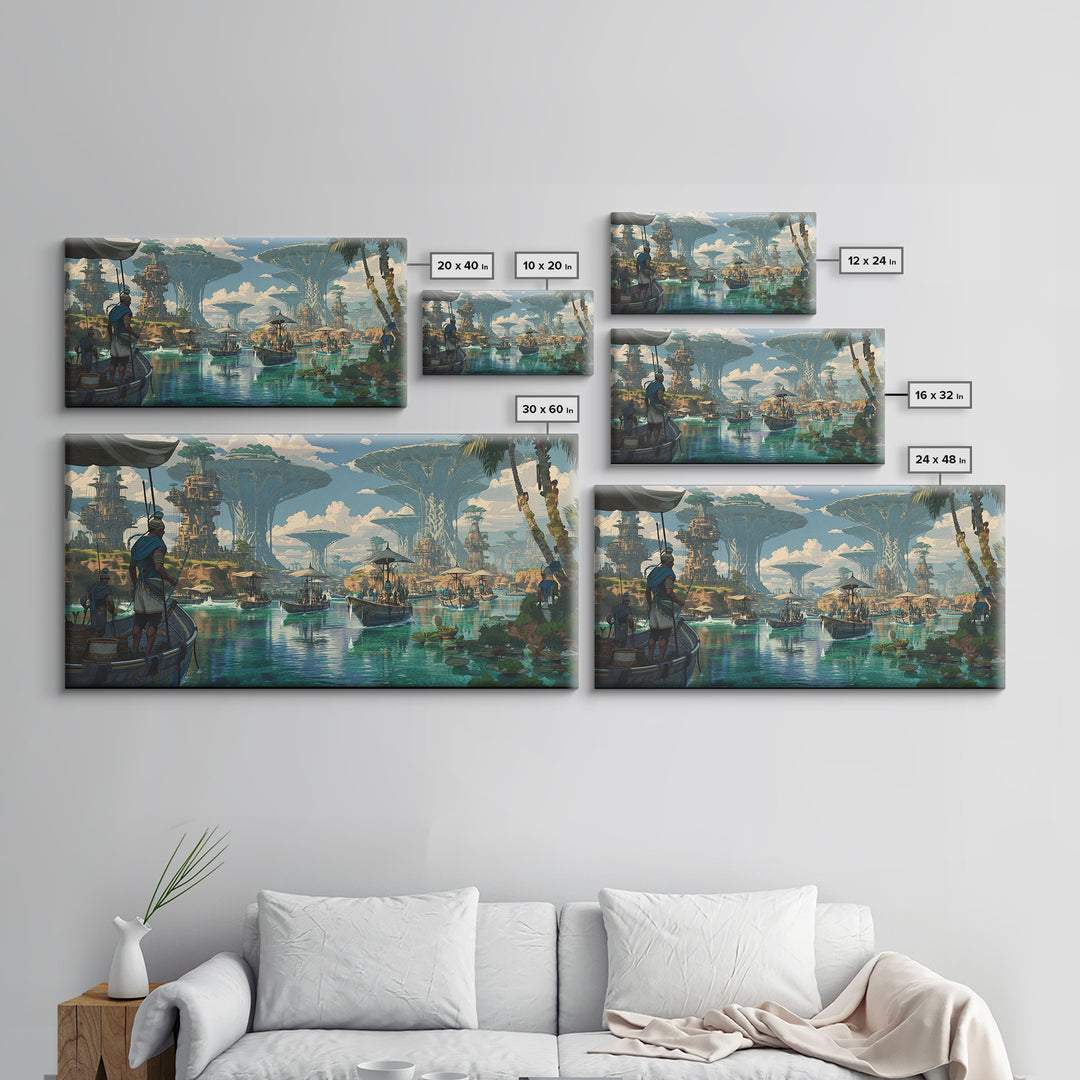 Afrofuturist African Waterfront City Wall Art, Sci Fi Landscape Canvas, Modern Black Art Decor For Living Room Statement Piece
