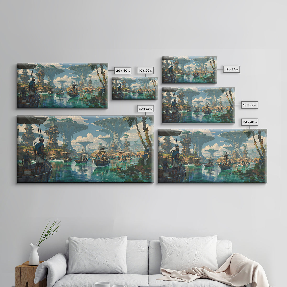 Afrofuturist African Waterfront City Wall Art, Sci Fi Landscape Canvas, Modern Black Art Decor For Living Room Statement Piece