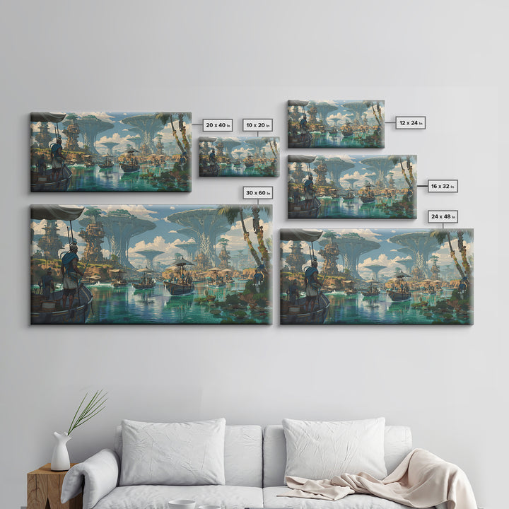 Afrofuturist African Waterfront City Wall Art, Sci Fi Landscape Canvas, Modern Black Art Decor For Living Room Statement Piece