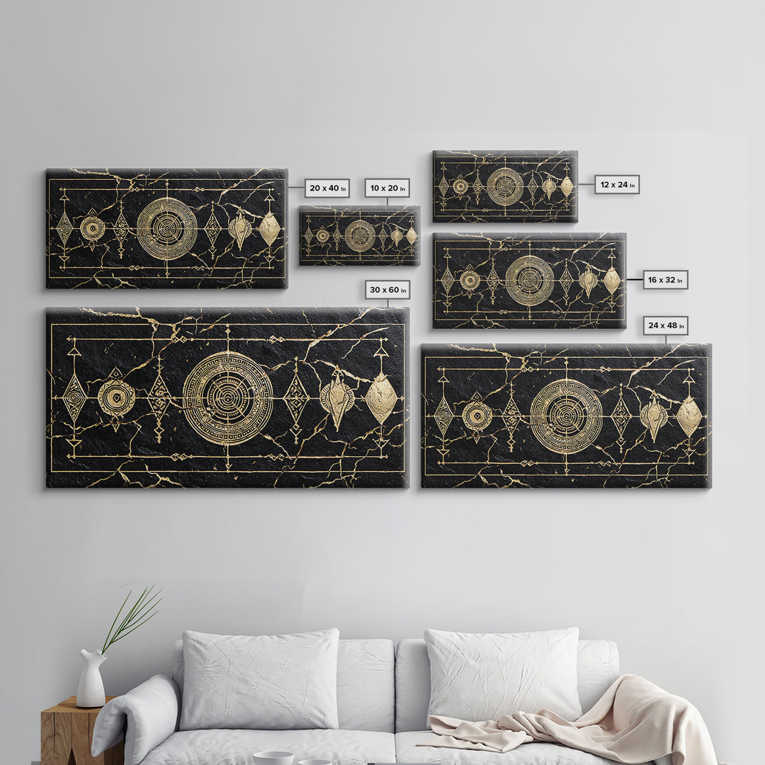 Black Gold African Geometric Symbols Framed Canvas Print, Tribal Pattern Wall Decor, Afrocentric Luxury Abstract Art Gift