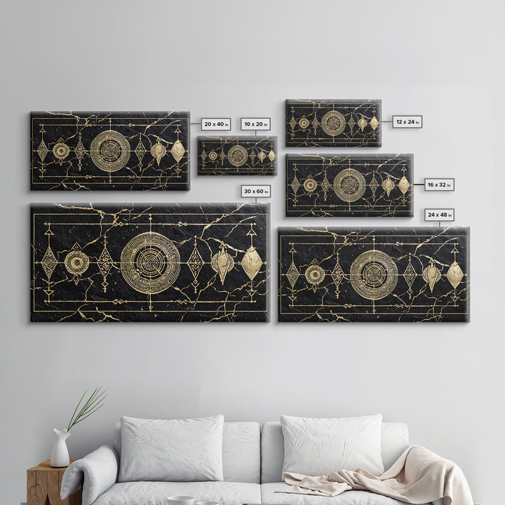 Black Gold African Geometric Symbols Framed Canvas Print, Tribal Pattern Wall Decor, Afrocentric Luxury Abstract Art Gift